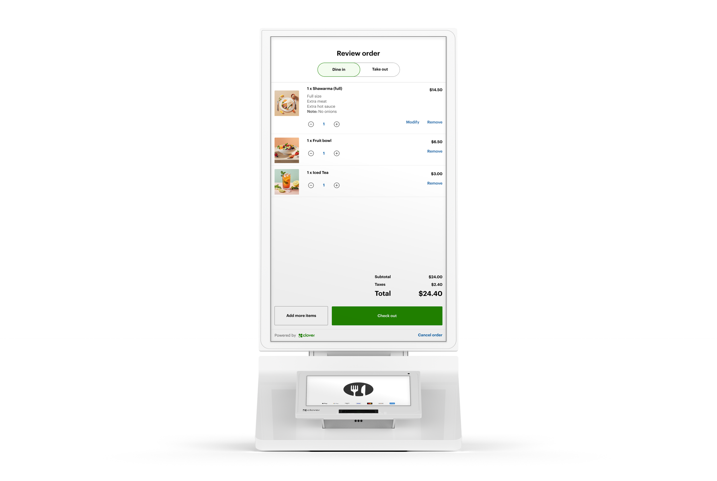 A digital order checkout screen showing items like shawarma, fruit bowl, and iced tea, with options to modify or remove items, and a checkout button at the bottom.