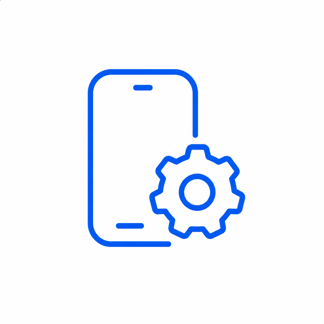 Line drawing of a smartphone with a gear symbol, indicating settings or configuration.