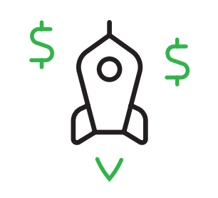 Black and green rocket with dollar signs around it and a green check mark underneath.