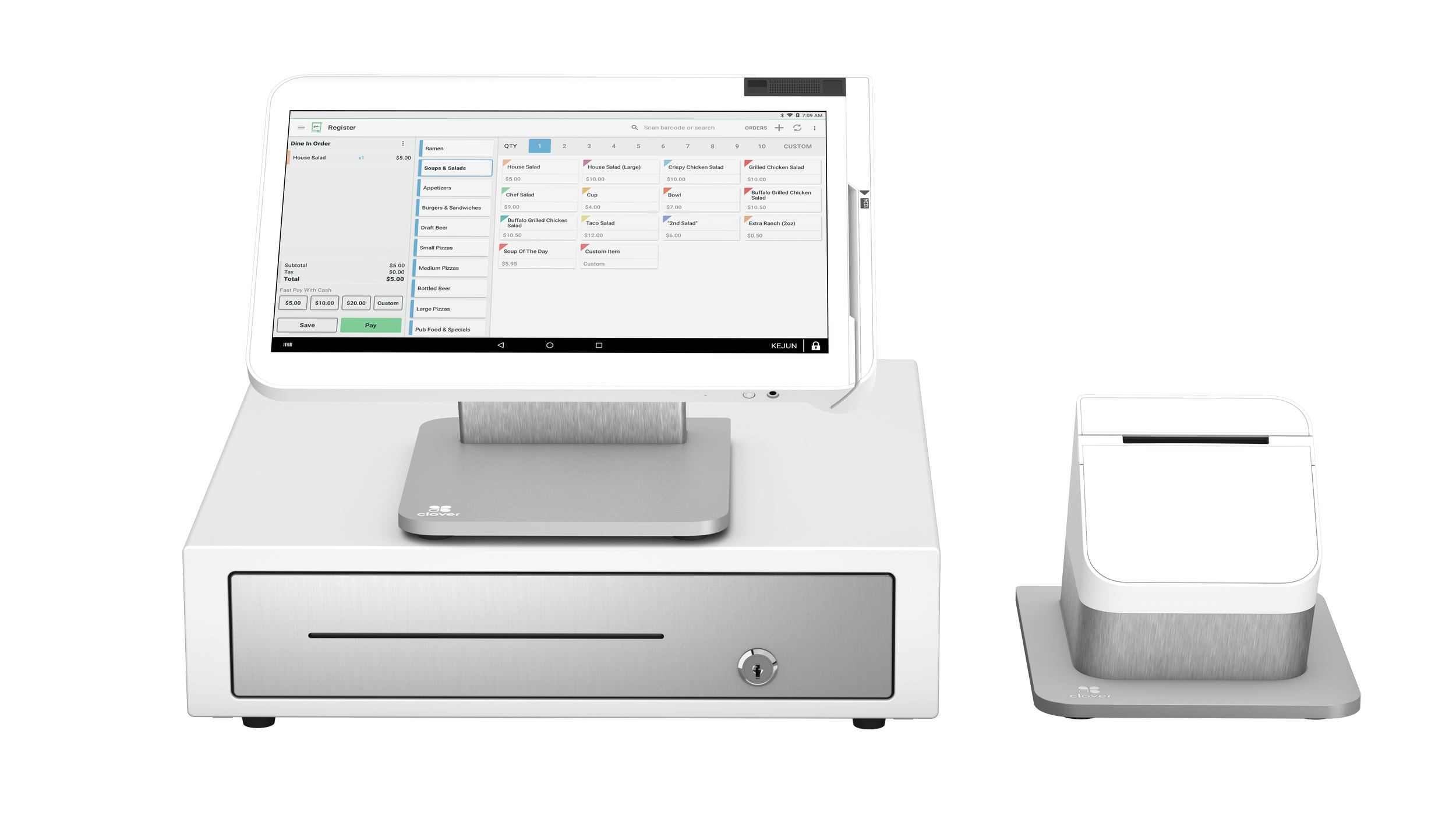 Point of sale checkout system with a touchscreen monitor, cash drawer, and receipt printer.