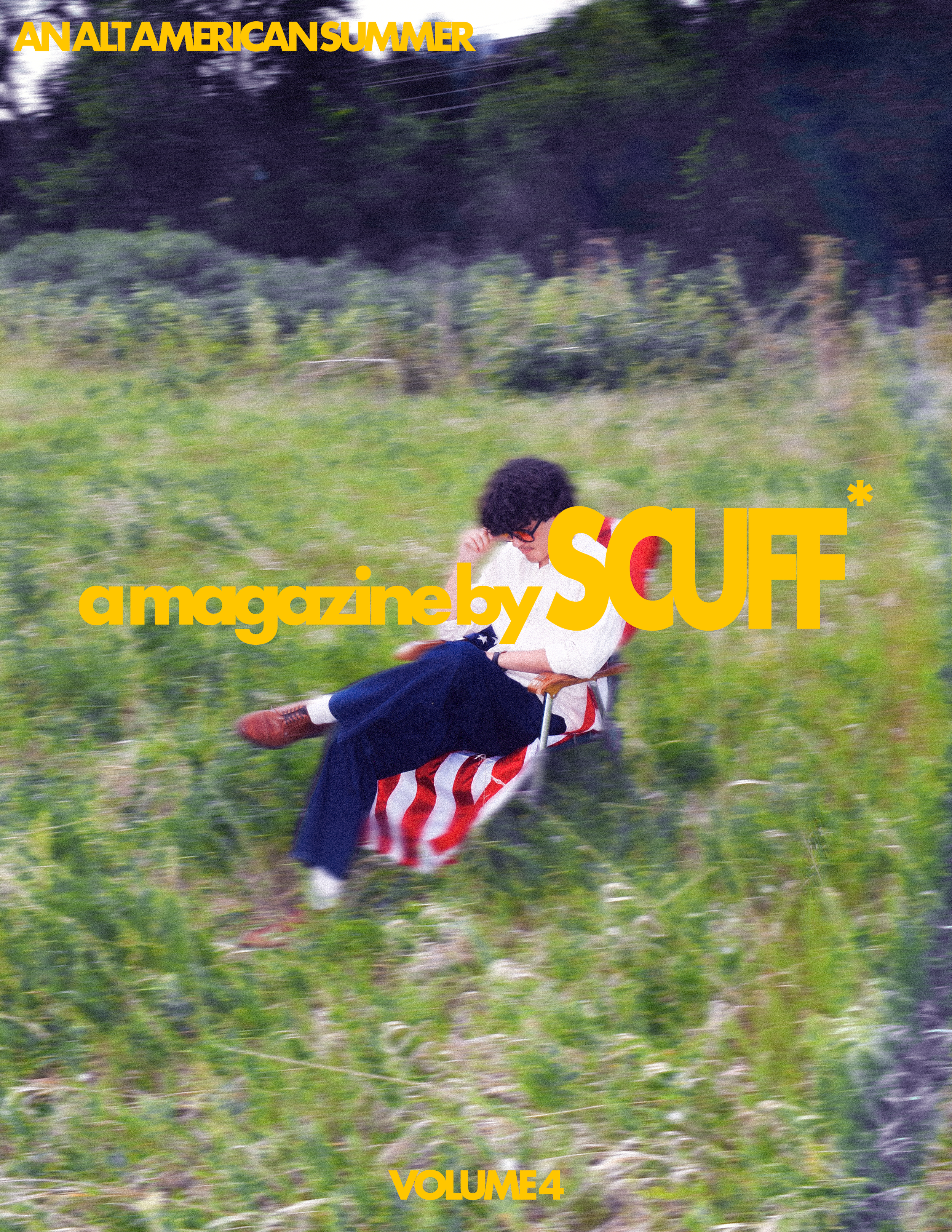 Young person sitting outdoors on green grass, wearing glasses and a white shirt with red and blue stripes, with trees and shrubs in the background, on the cover of 'Amazazine by SCUFF, Volume 4' magazine.