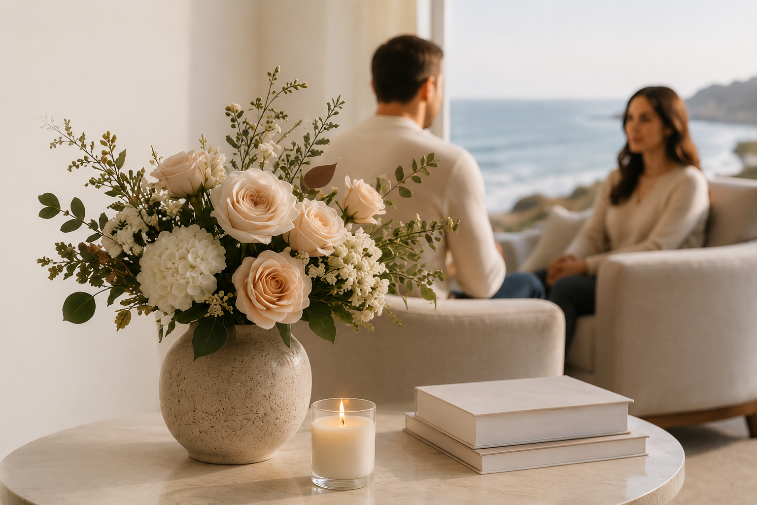A decorative beige vase filled with pink roses, white dahlias, greenery, and small white flowers on a marble table. Next to the vase is a white candle in a glass holder and two closed books. In the background, a man and woman are sitting on a light-colored sofa by a large window overlooking the ocean, engaged in conversation.
