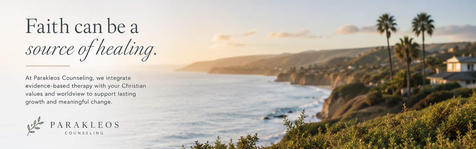 Sunset view of a coastal landscape with palm trees, houses, and cliffs along the ocean, with overlay text about faith and counseling services.