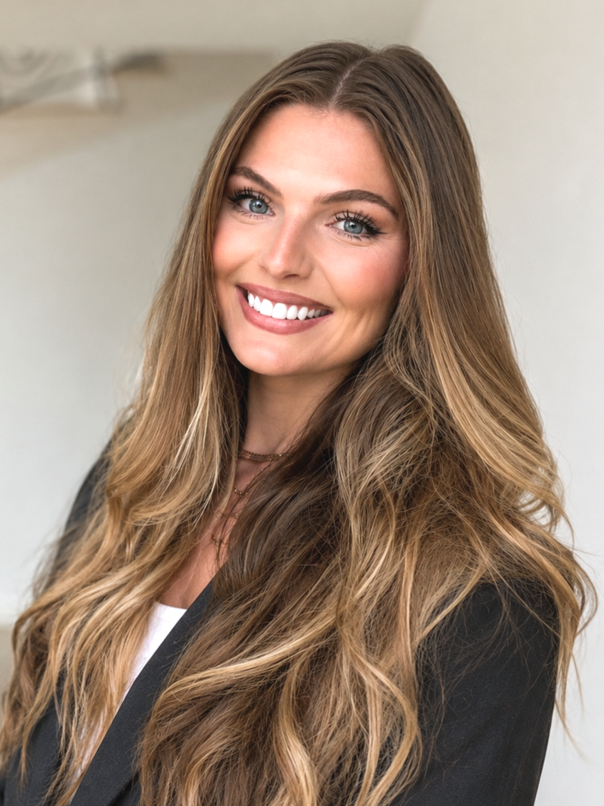 A smiling woman with long, wavy, light brown hair, blue eyes, and wearing a black blazer and white top.