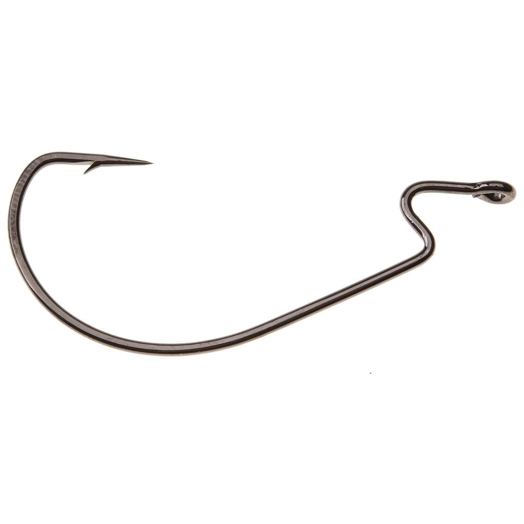 A Texas rig hook against a white background.