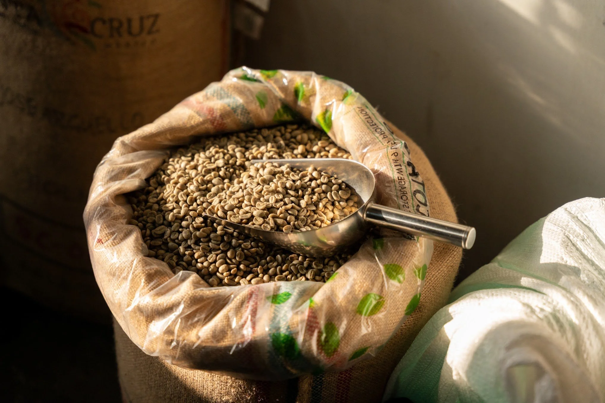 A bag of green coffee beans with a metal scoop resting on top, placed on a textured surface.