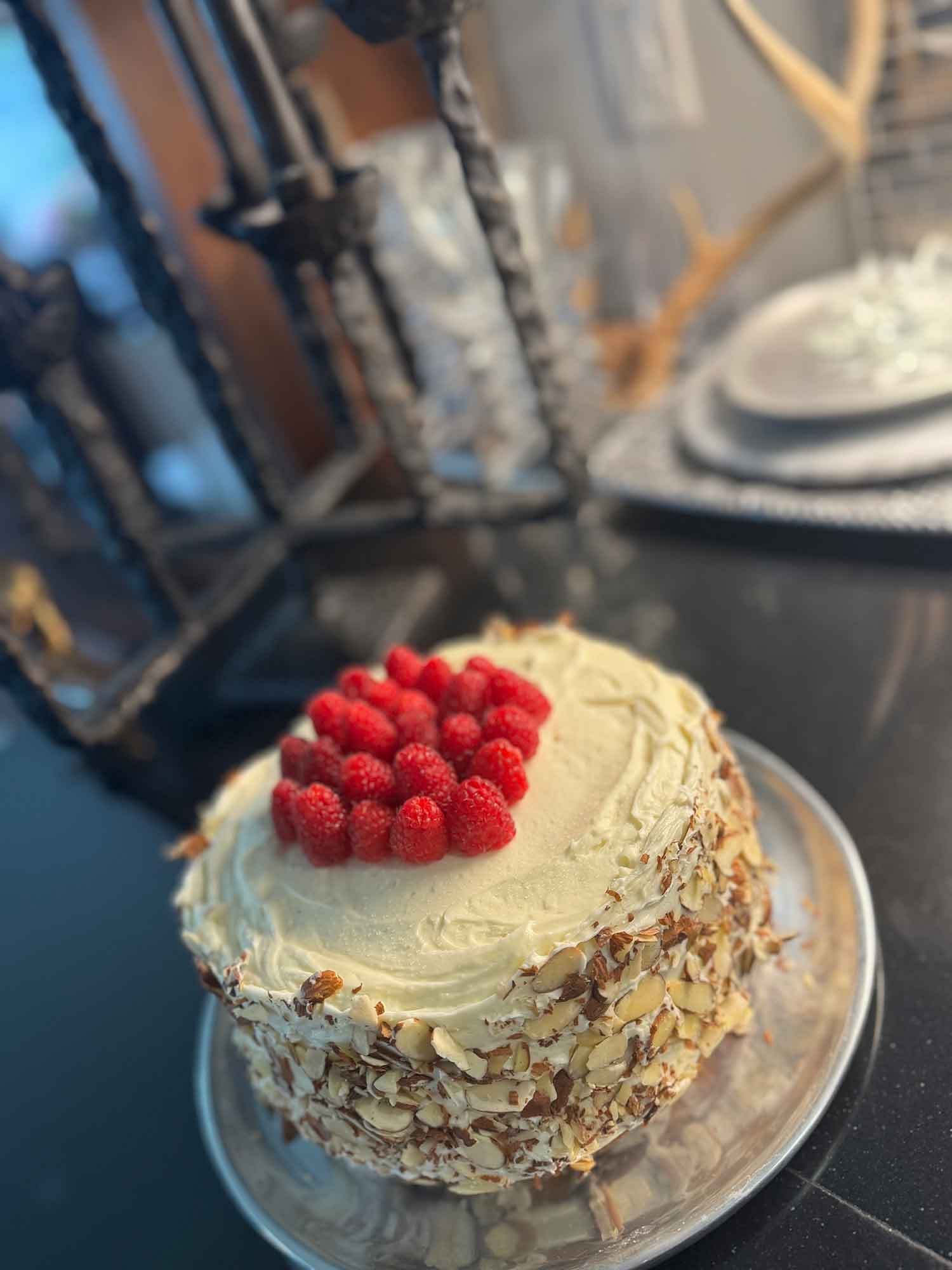 White Chocolate Almond Cake with Raspberry Filling