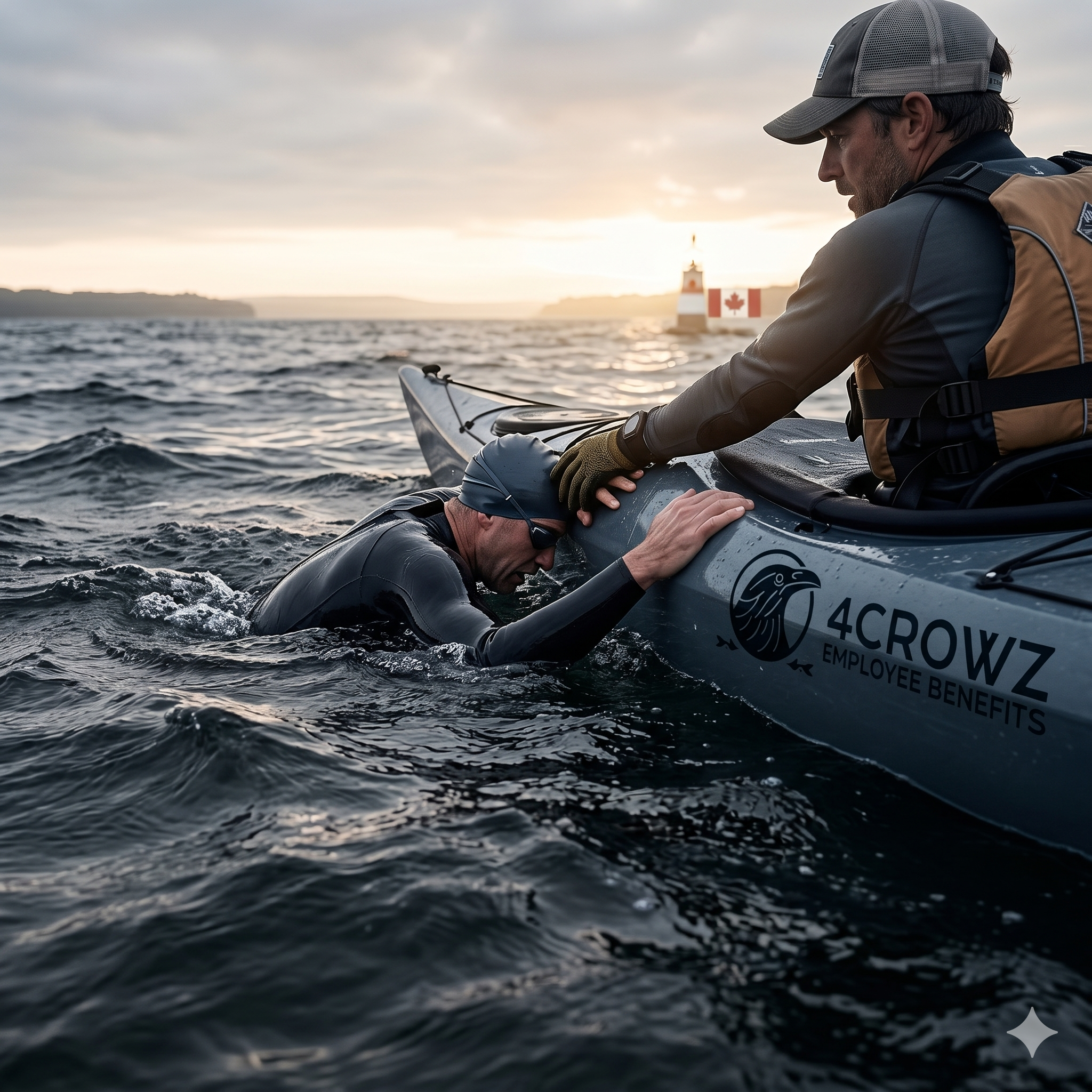 A person in a wheelchair holding onto an inflatable boat on the water, with a lighthouse displaying a Canadian flag in the background during sunset.