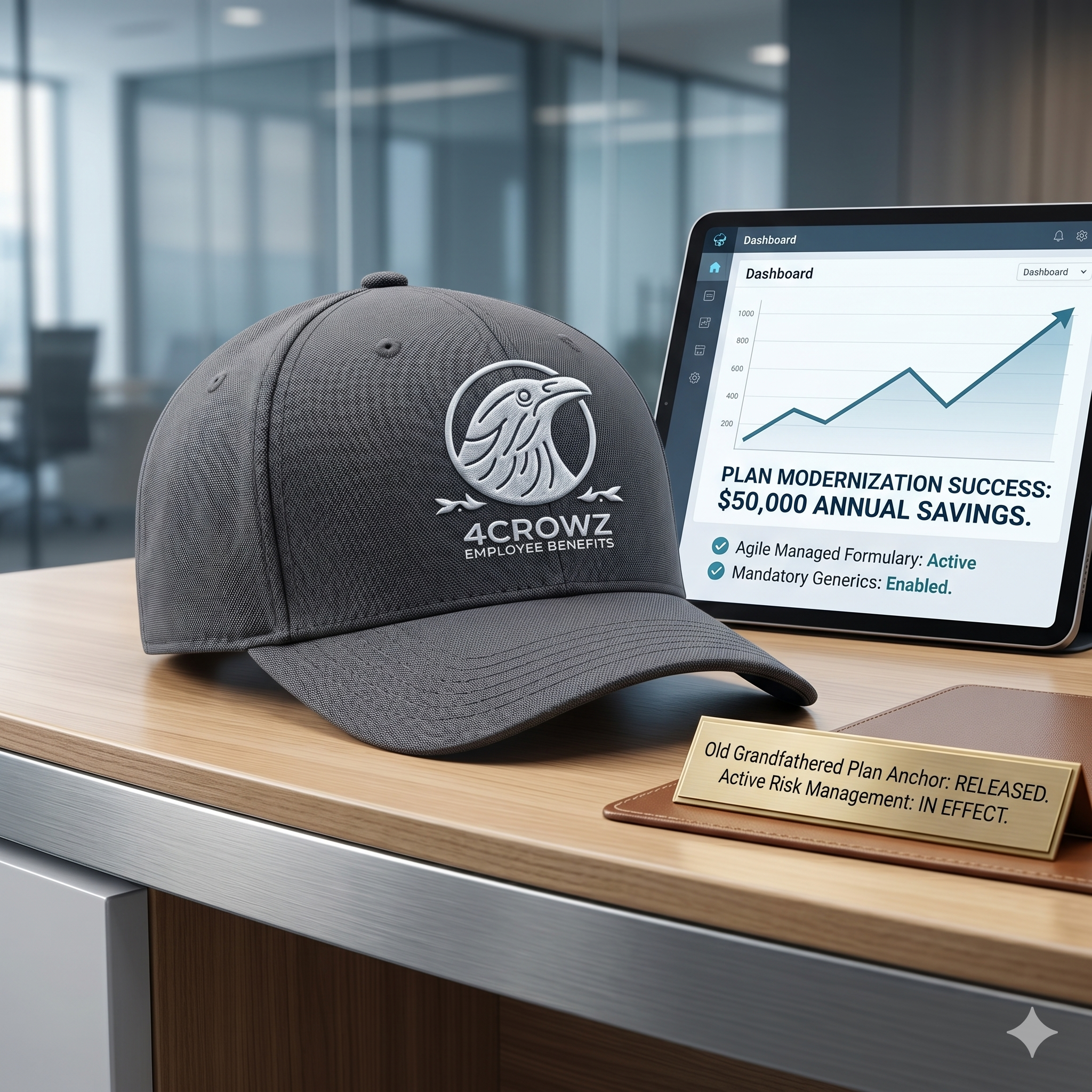 A grey baseball cap with a logo featuring an eagle and the text "4CROWZ Employee Benefits" on display on a wooden table, with a laptop showing a sales chart and a small brown plaque with a label in the background.