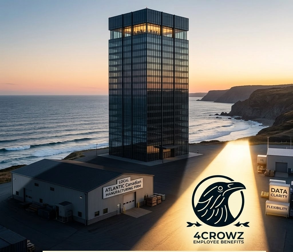 A tall modern glass office building by the ocean at sunset with the logo and text for "4CROWZ Employee Benefits" projected onto the ground nearby.