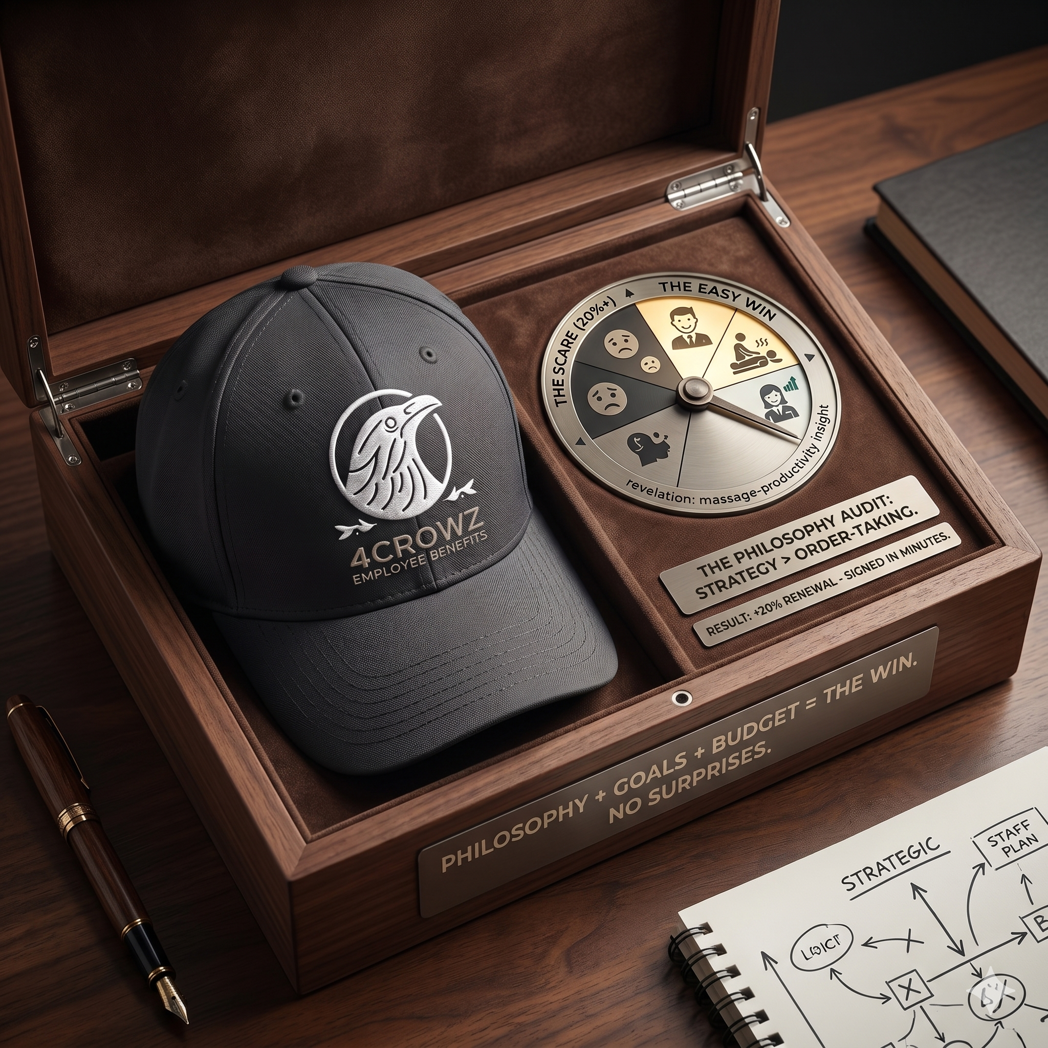 A wooden box with a spinning wheel labeled "The Easy Win" with various emotional faces, a gray baseball cap with a logo, a notebook with diagrams, a pen, and a paper sheet with handwritten notes on a wooden desk.
