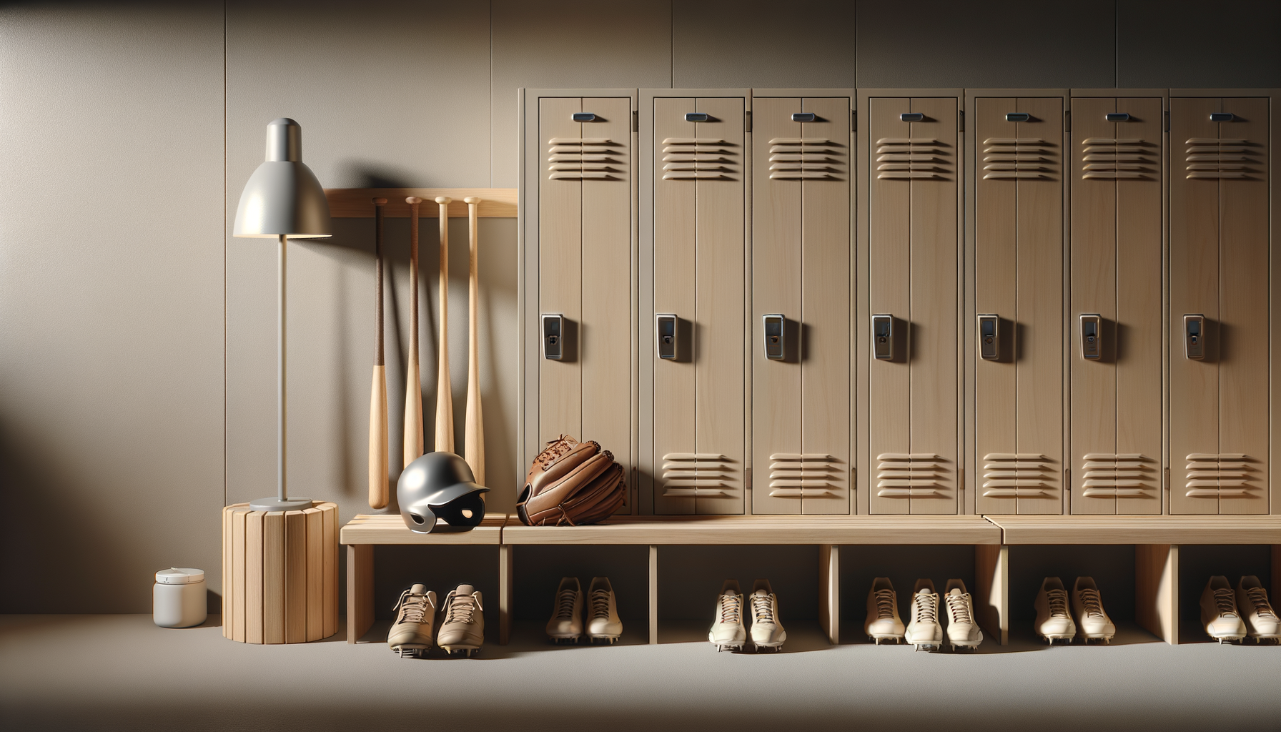 Row of beige lockers with ventilation vents and digital locks, alongside sports equipment including a helmet, baseball glove, baseball bat, and a row of athletic shoes underneath.