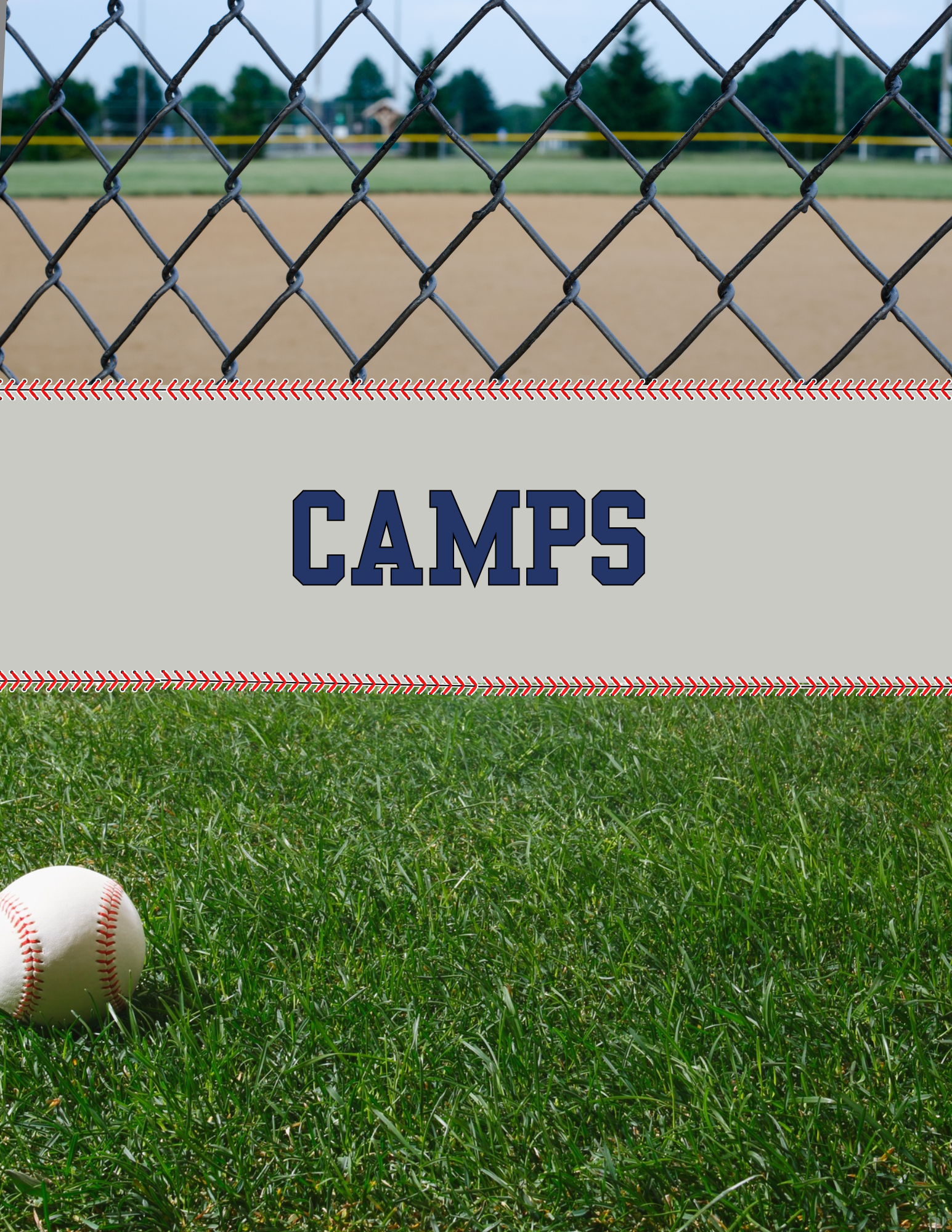 A baseball on green grass, with a baseball field and chain-link fence in the background, and the word 'CAMP'S' written on a sign in the middle of the fence.