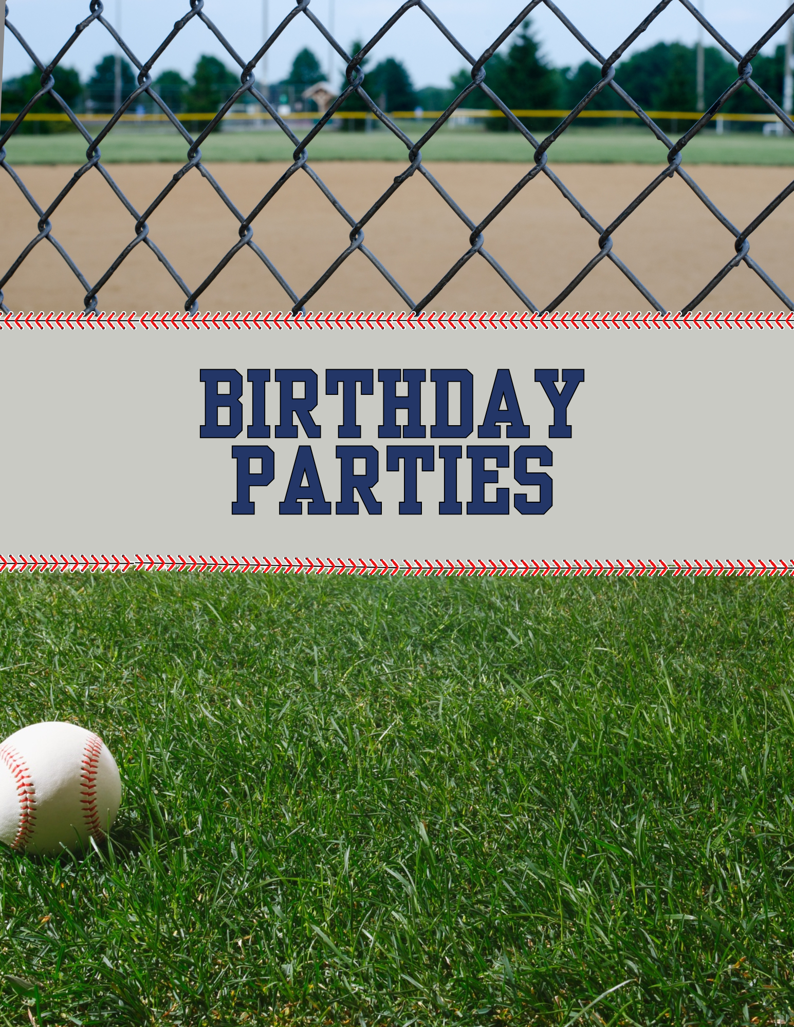 A baseball on green grass in front of a chain-link fence at a baseball field with trees in the background and a sign that reads "Birthday Parties".