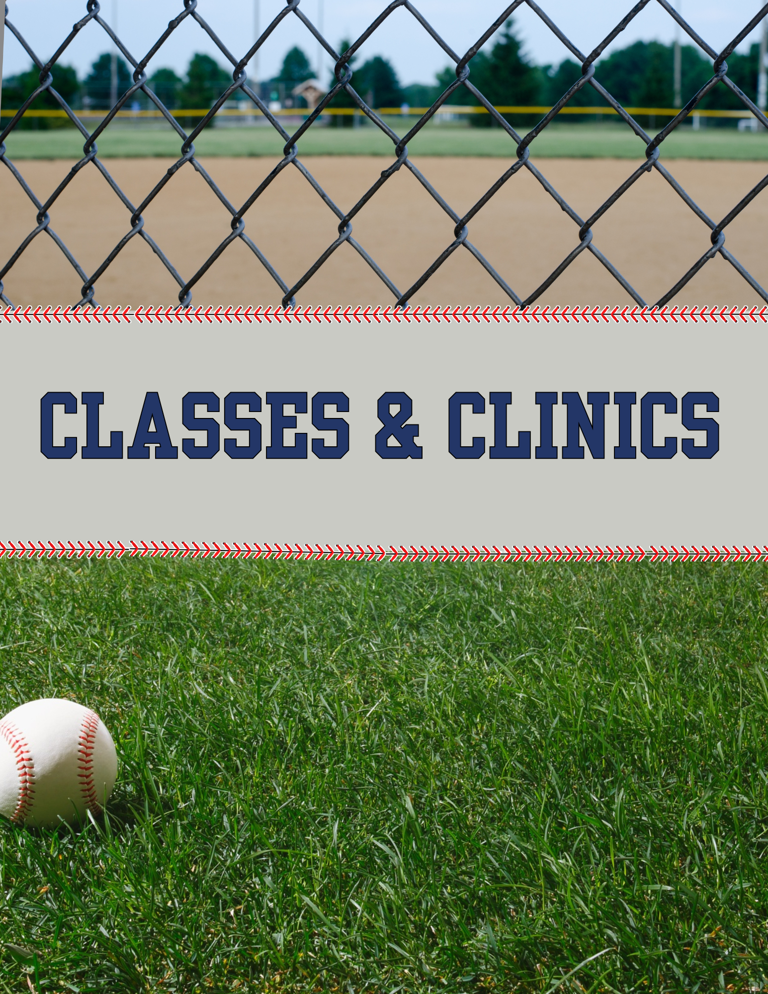 A baseball on green grass near a baseball field with a chain-link fence, trees, and a baseball diamond in the background.