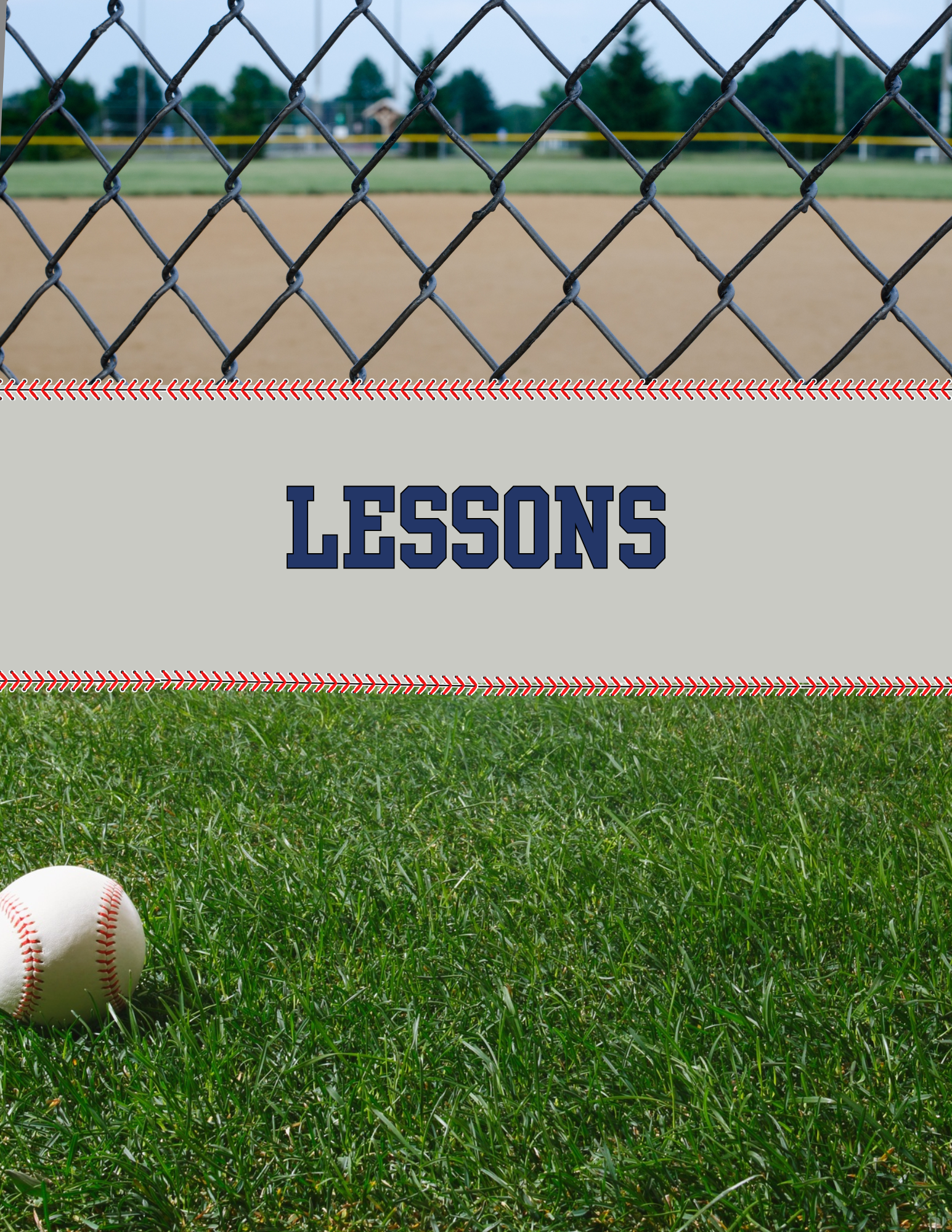 A baseball lying on green grass in front of an outfield fence, with a baseball field and trees in the background.