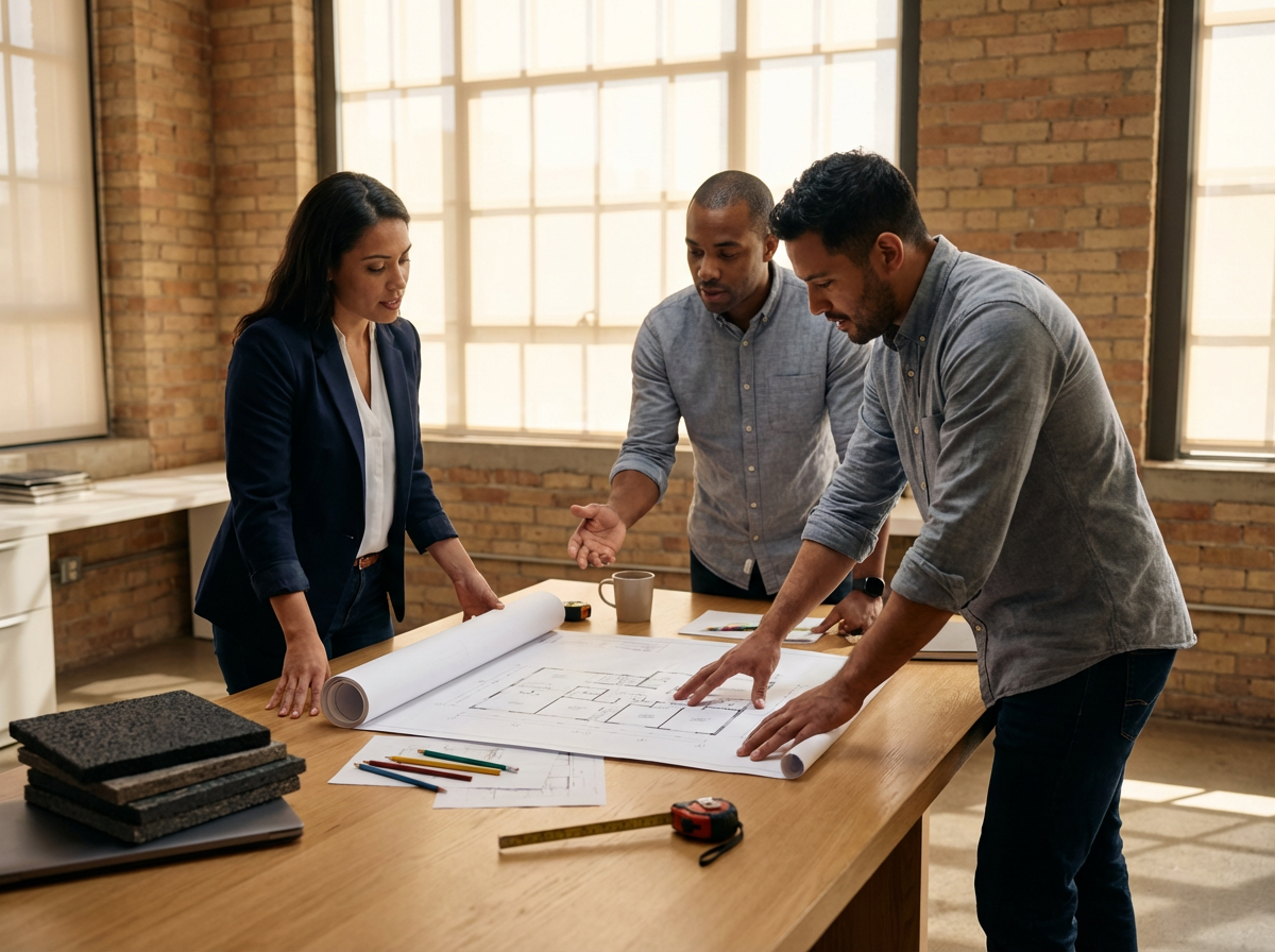 Three architects or designers collaborating over blueprints and design plans in an office space with large windows and brick walls.