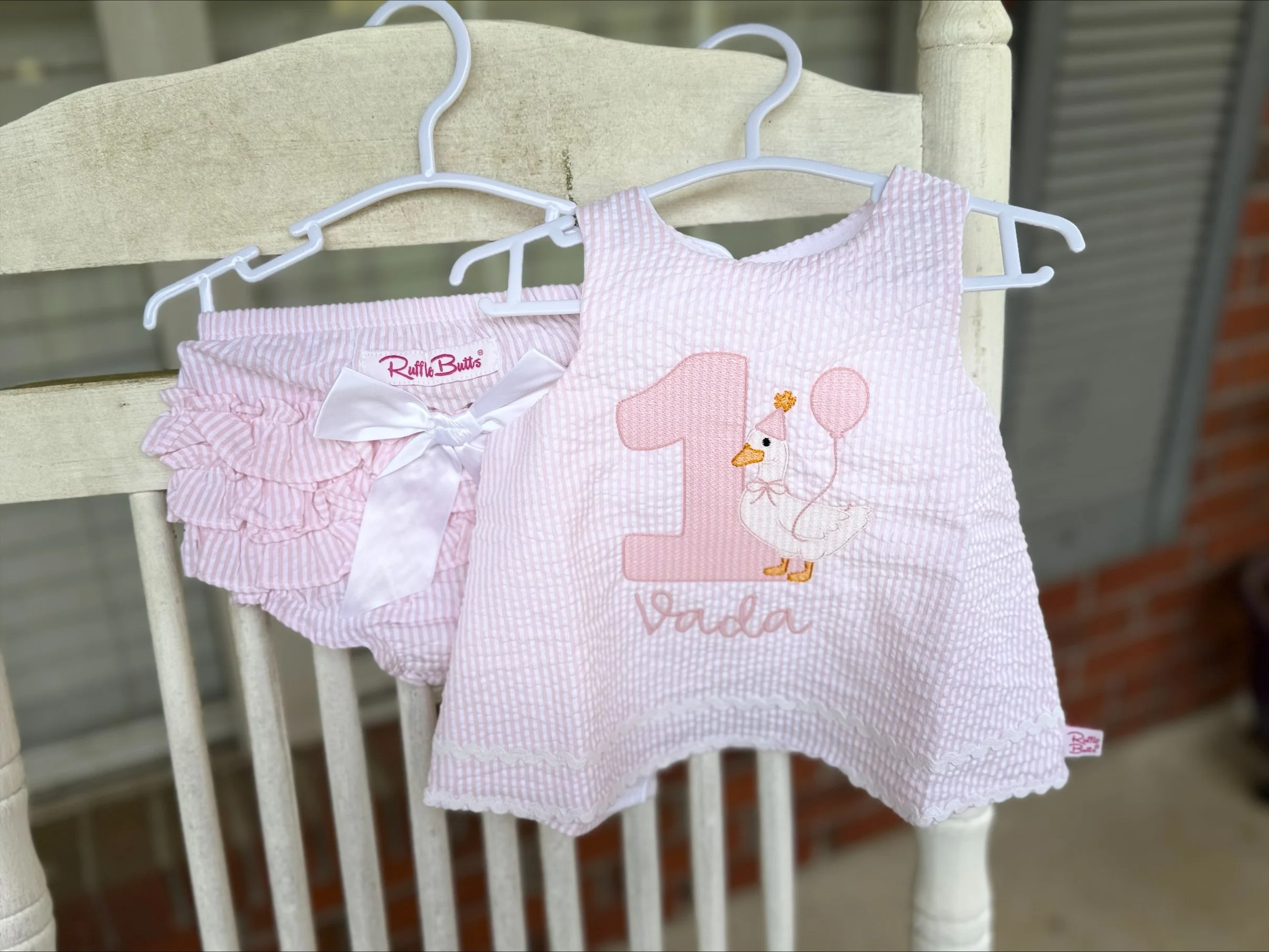 Personalized Silly Goose First Birthday Outfit – Embroidered Name, Pink Ruffle Bloomer Set