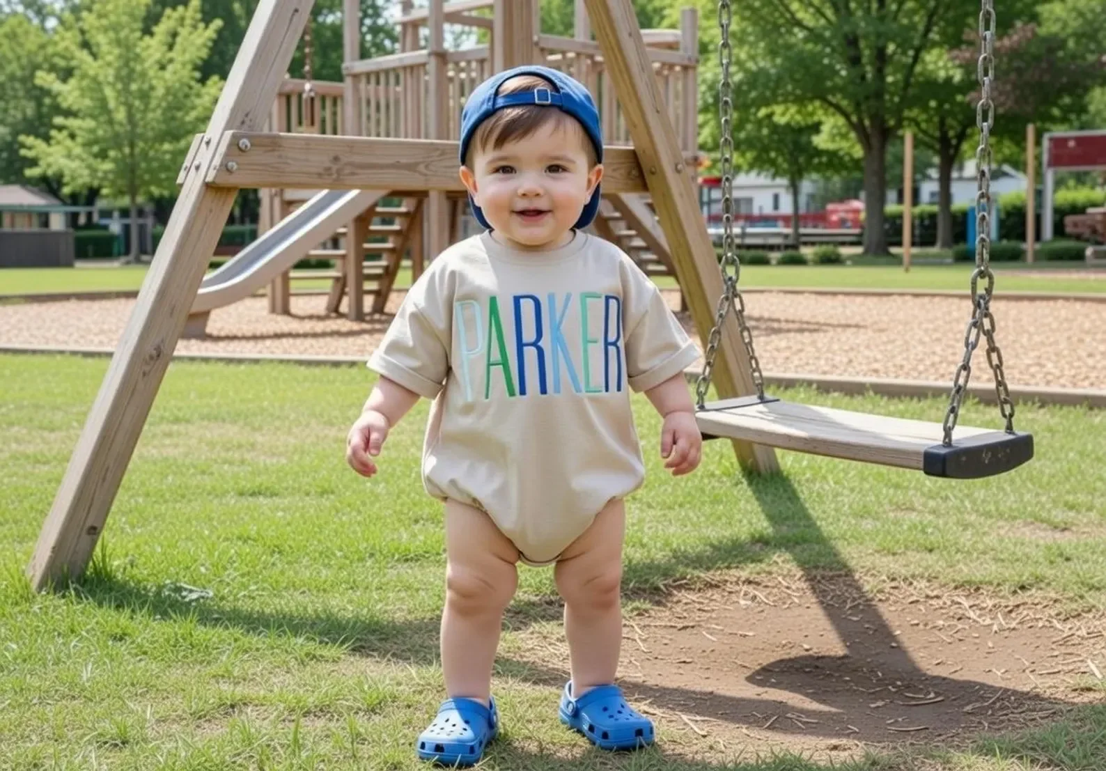 Personalized Embroidered Boy Bubble Romper | Neutral Spring Summer Outfit