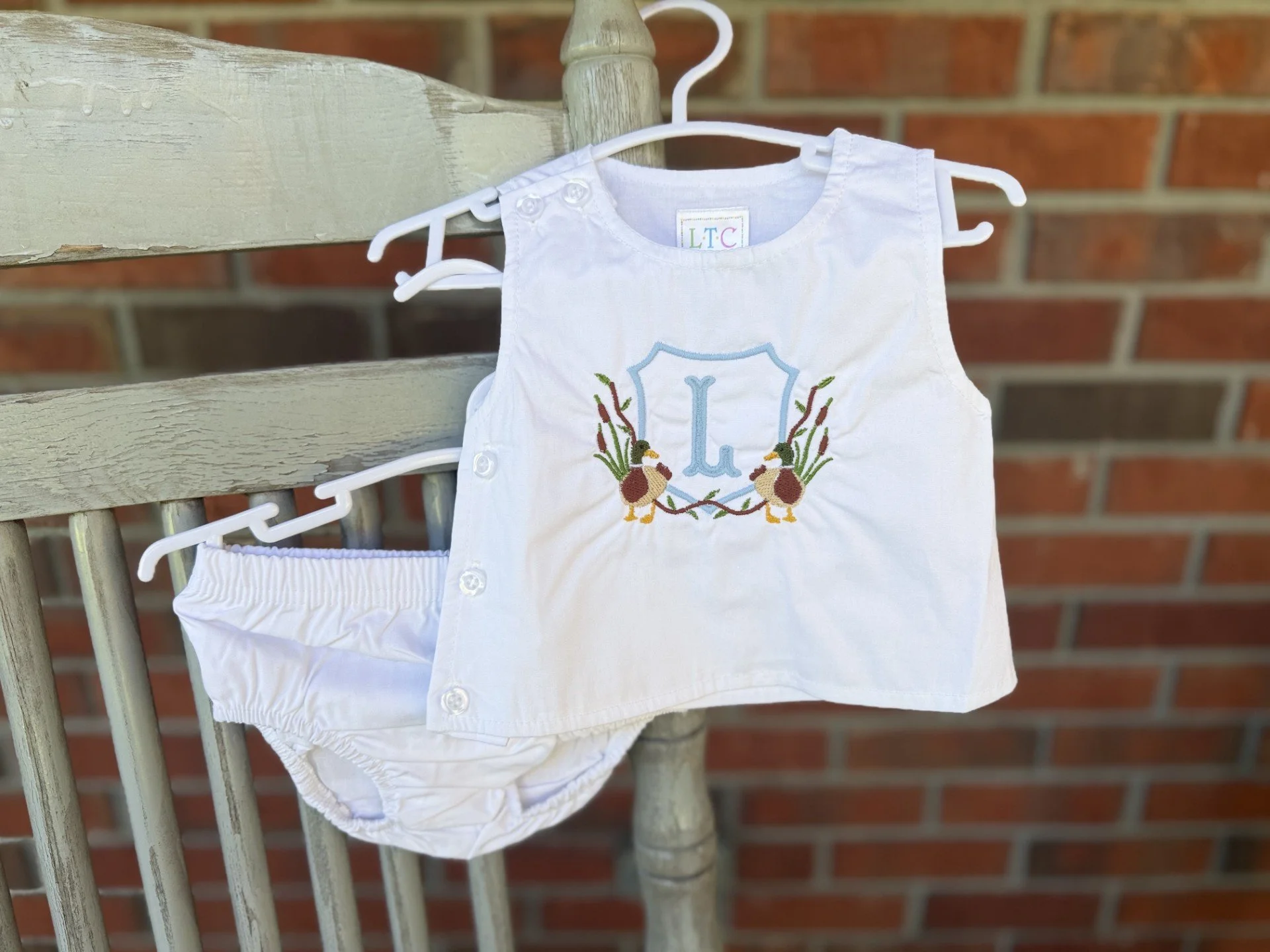 Mallard Duck Monogram Bubble Romper | Heirloom Embroidered Baby Boy Outfi