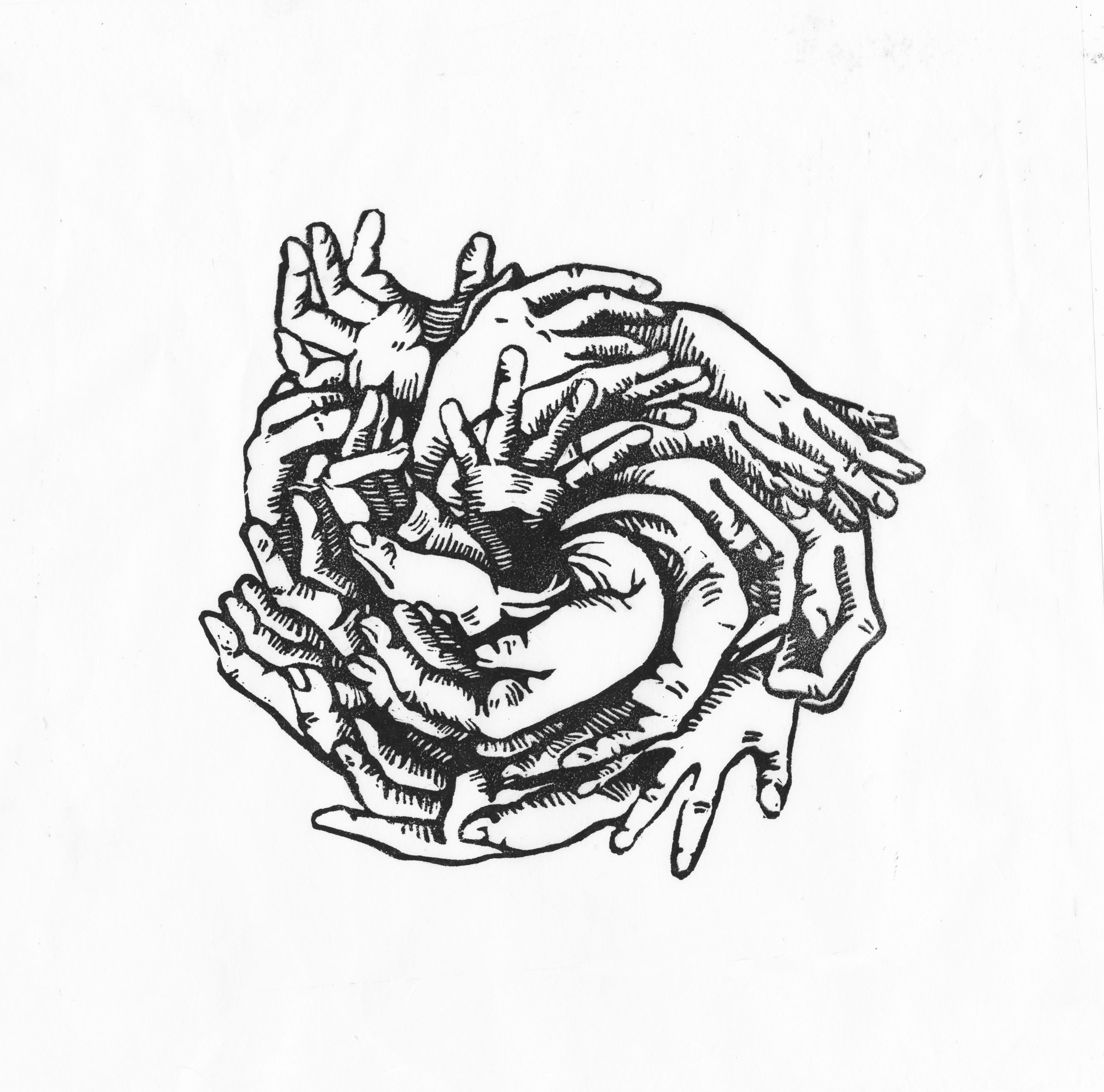 Linocut of hands