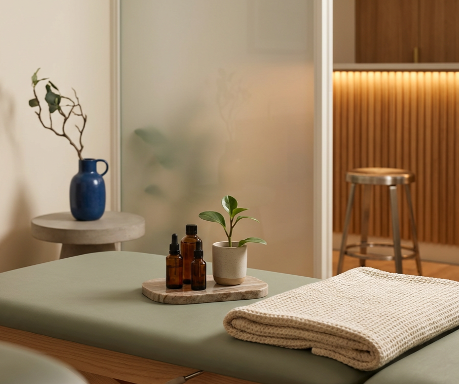 Spa or massage room with a massage table, a folded beige blanket, bottles with droppers, a potted plant on a tray, and a small table with a blue vase and branch, near a frosted glass divider and wooden bar area.