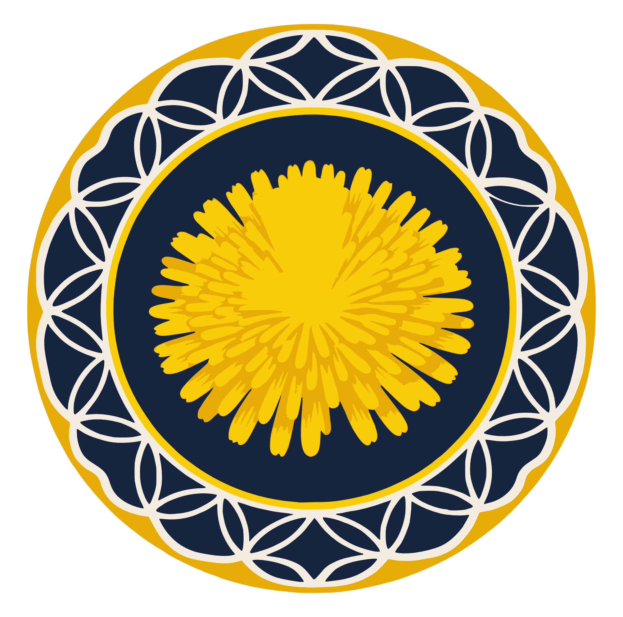 Détail d'un motif ornemental avec un pissenlit jaune centrale et un cadre circulaire decoratif coloré en blanc, bleu marine et doré.