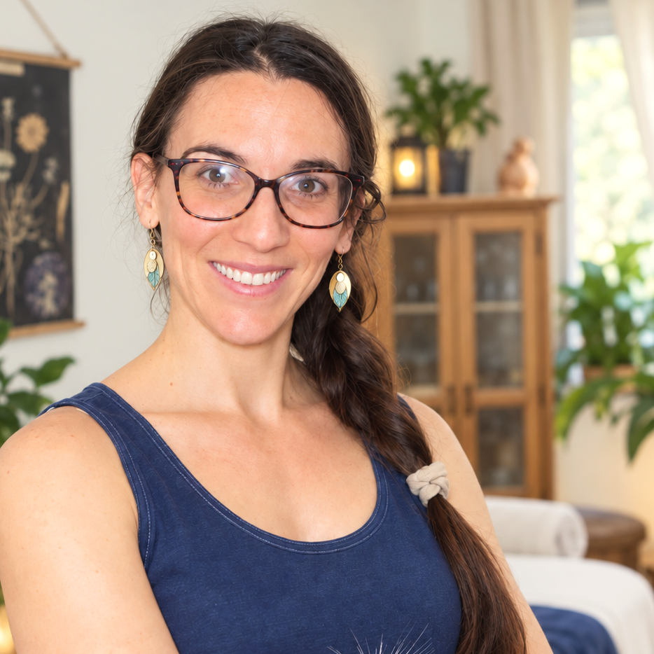 Laurie Emmanuelle Parent, une femme souriante avec des lunettes et des boucles d'oreilles, portant un débardeur bleu, dans un intérieur calme avec des plantes et du mobilier en bois.