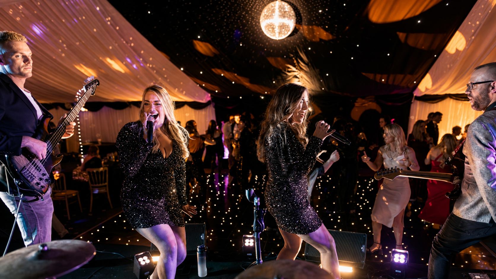 People performing music and singing at a wedding reception or party under a decorated tent with a disco ball.