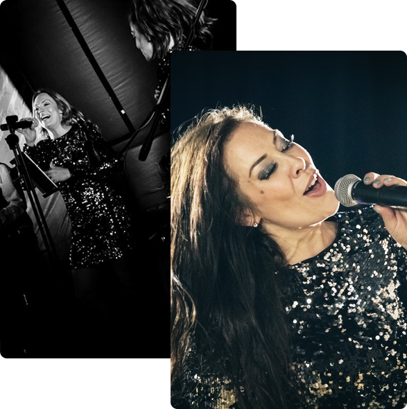 Black and white photo of Revolve vocalist performing live on stage