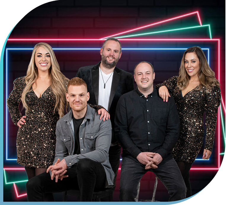 Revolve Party Band, a wedding band performing across Essex, posing together with neon lights