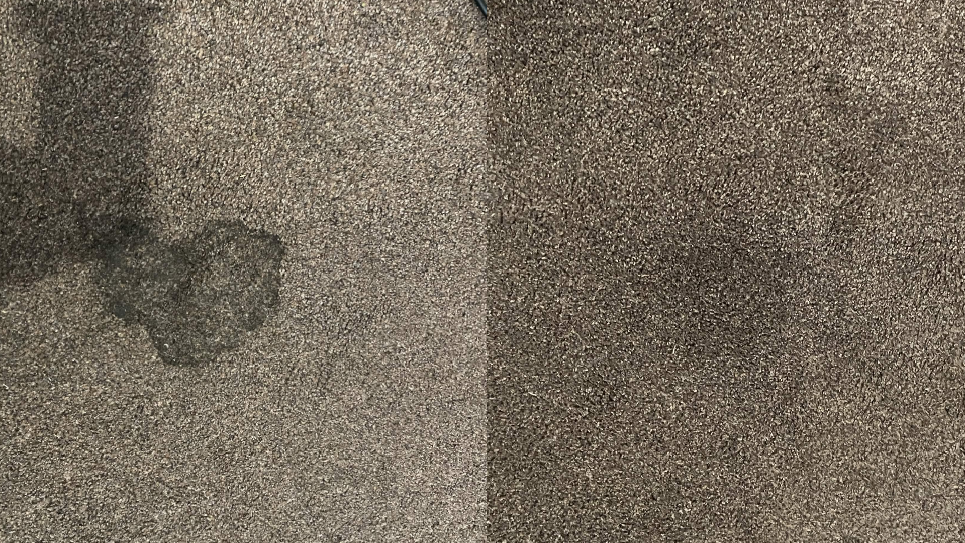 A close-up of a brown carpet with a small damp spot on the left side of the image.