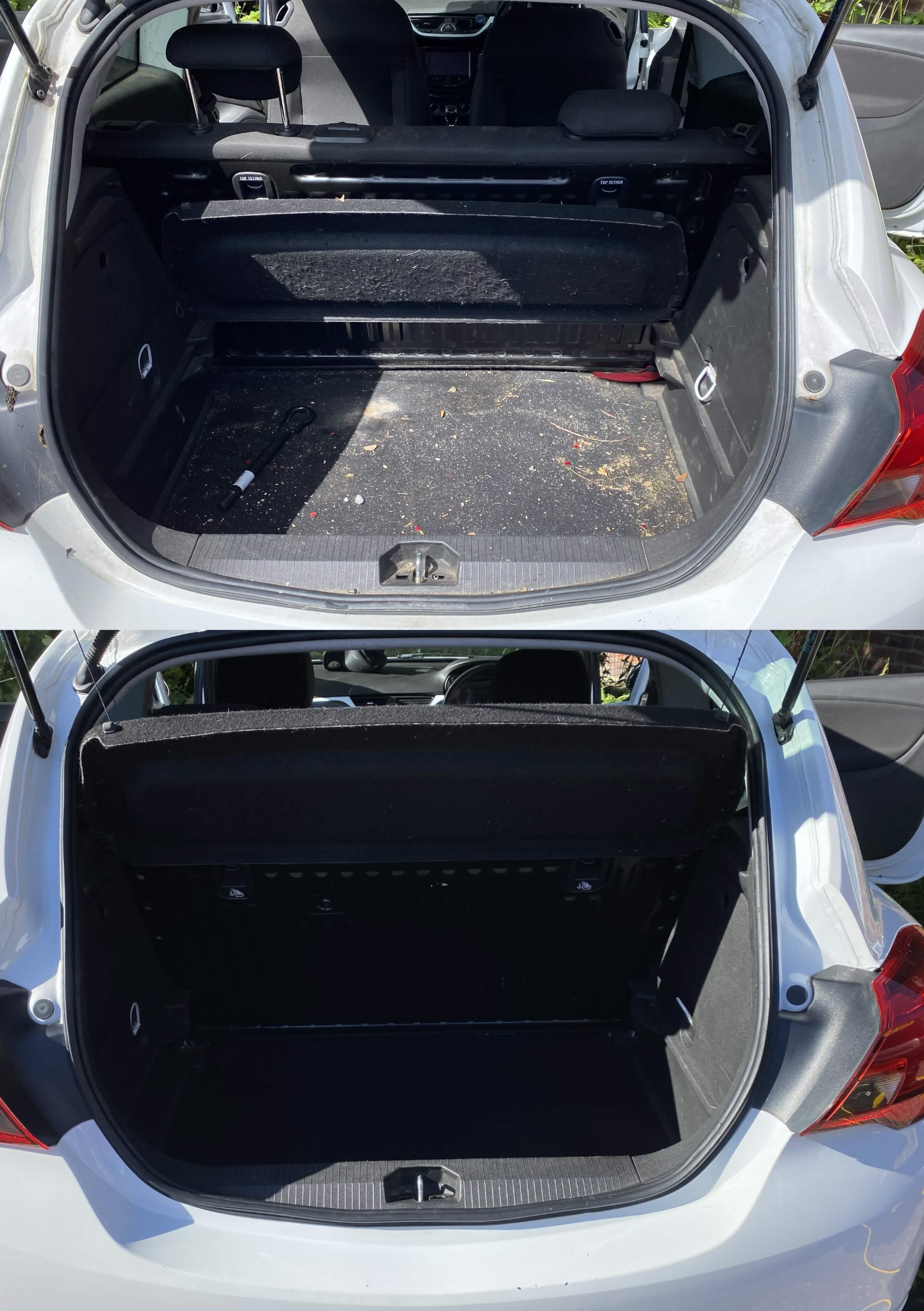 The back of a white hatchback car with the trunk open, showing the empty cargo space. The trunk is clean with some minor dirt and debris at the bottom.