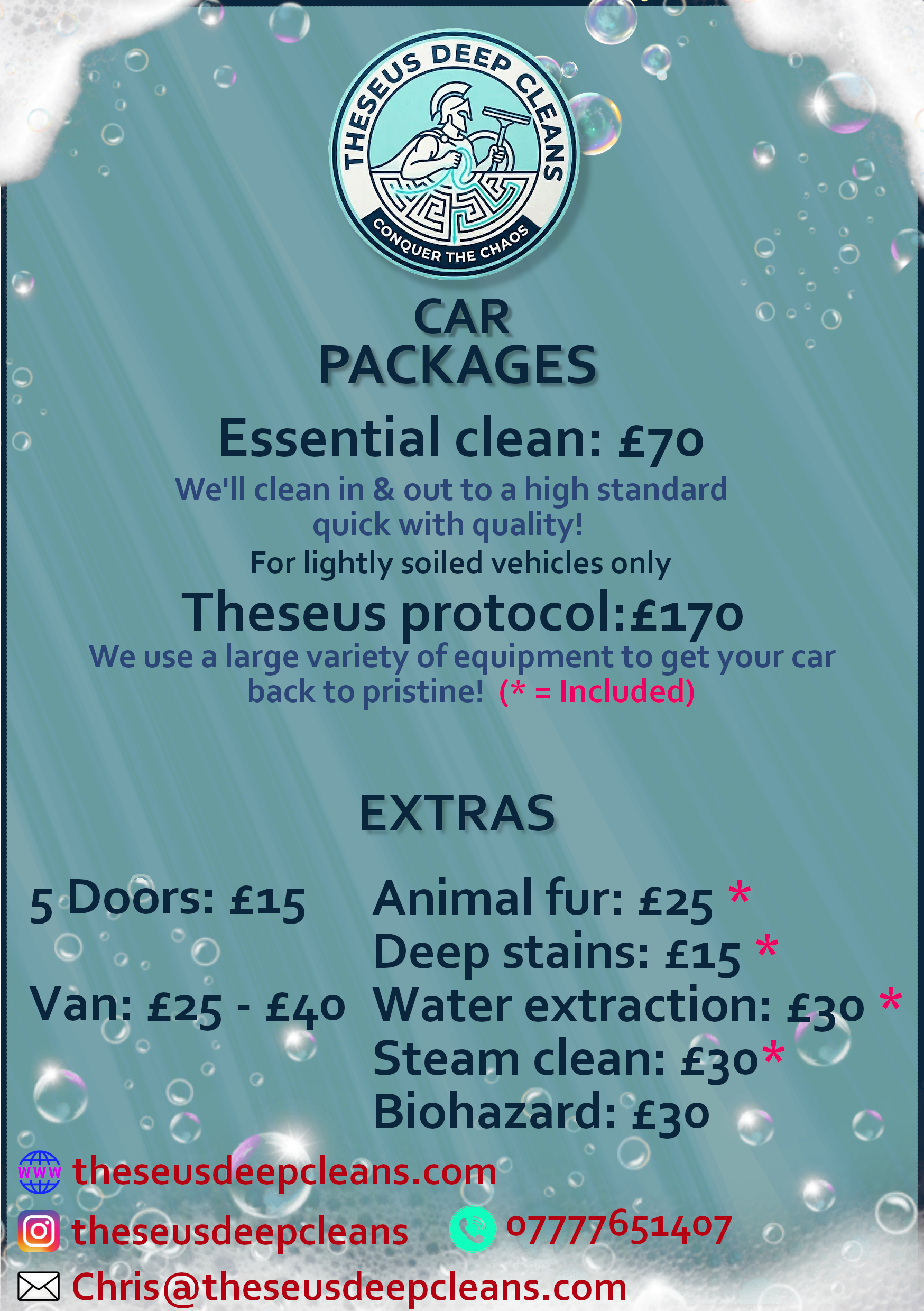 A digital advertisement for The Sues Deep Cleans service with a logo depicting a knight holding a cleaning tool, surrounded by bubbles, with various cleaning packages and prices listed, along with contact information and social media icons.
