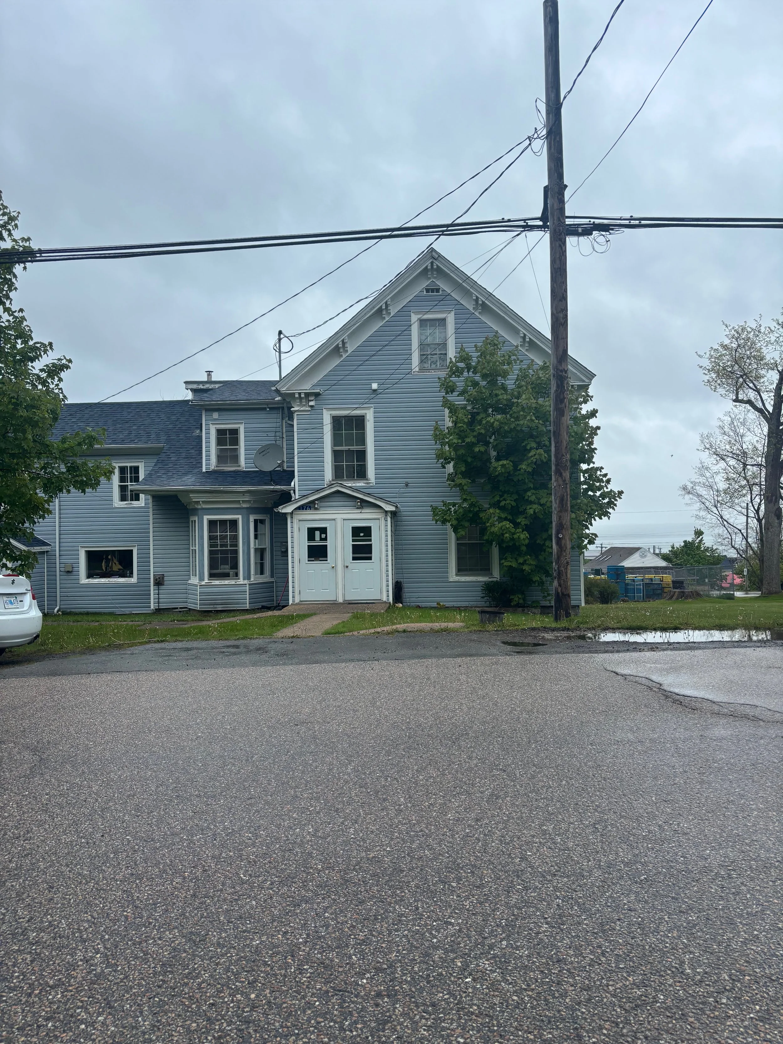 A blue two-story house with a gable roof, several windows, a white front door, and a small porch, surrounded by trees and across a paved street, under a cloudy sky.