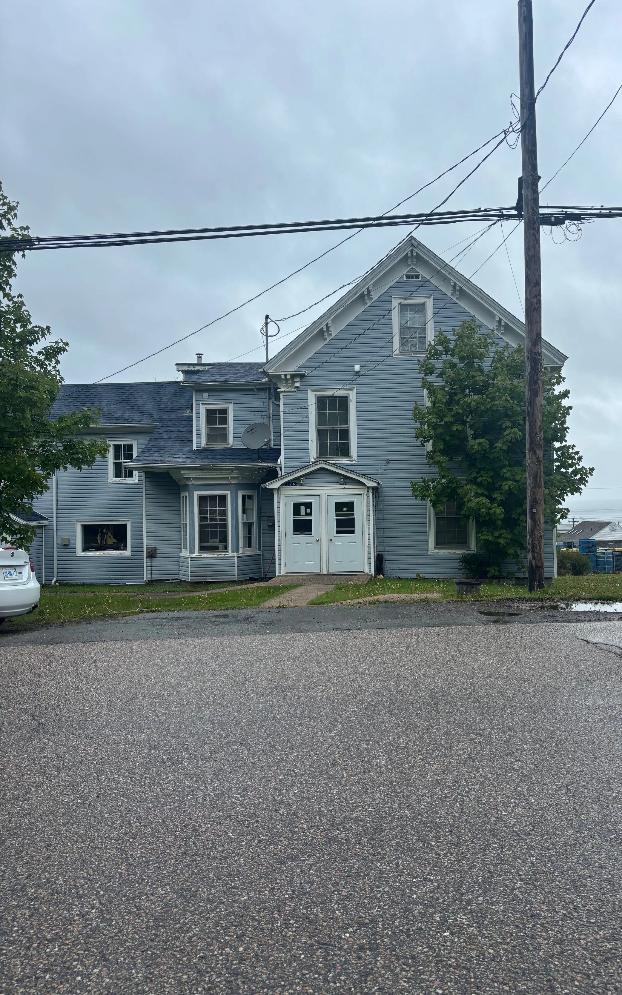A blue wooden house with multiple windows and a front door, surrounded by a small patch of grass and trees, with electrical wires overhead and a cloudy sky.