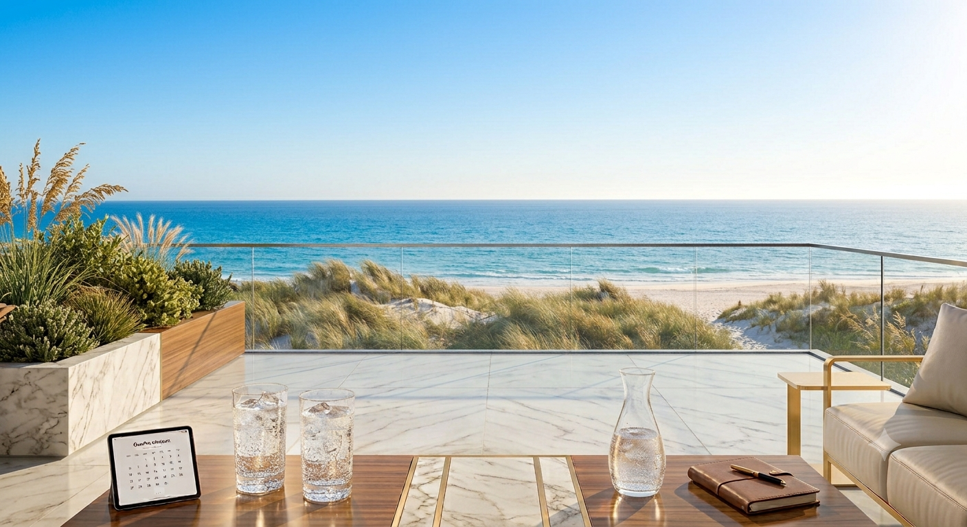 Living room with a glass railing overlooking a beach and ocean, with a marble-topped table holding two glasses of water, a pitcher of water, a leather notebook, and a tablet displaying a calendar.