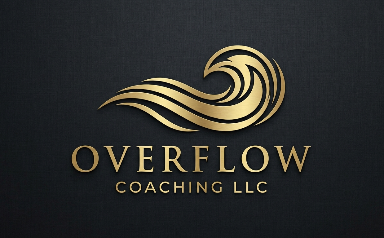 Gold logo of a stylized wave above the words "Overflow Coaching LLC" on a black background.