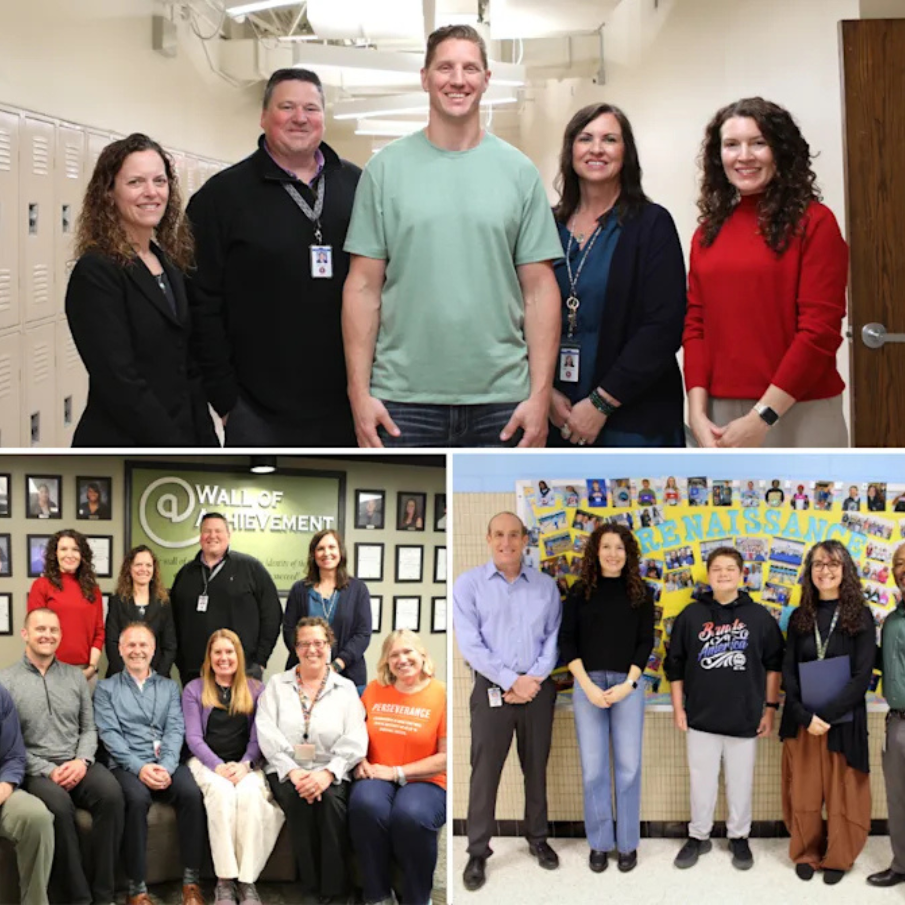 Collage of four group photos featuring diverse adults and children in various settings, including school hallways and classrooms.
