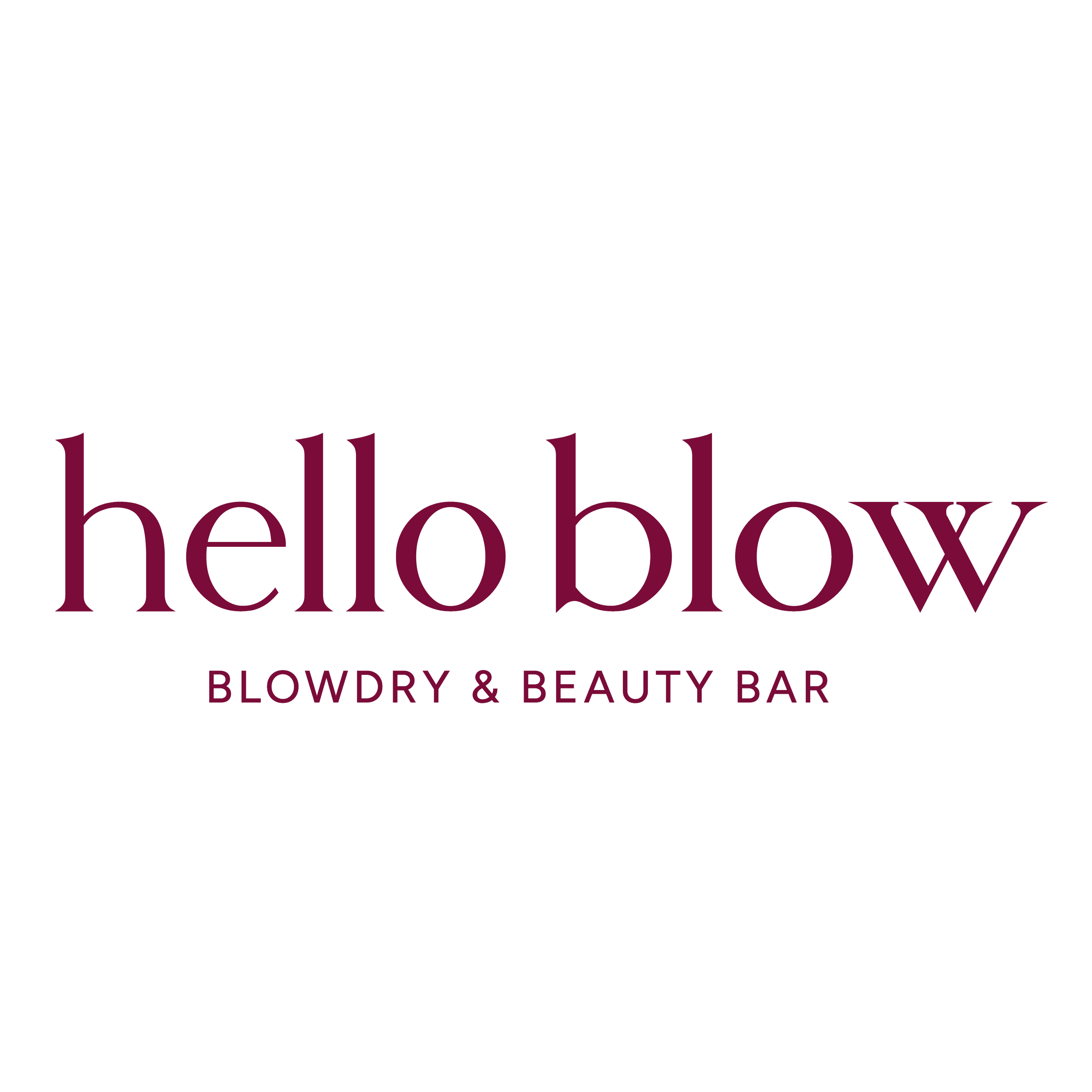 Logo for a beauty bar named 'Hello Beautiful' with a black background and purple text that says 'Blowdry & Beauty Bar'.