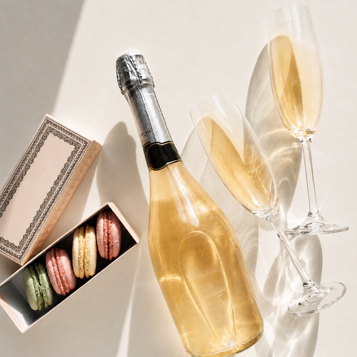 Private getting ready experience including a. bottle of champagne, two filled glasses, and a box of assorted macarons promoting full glam makeup