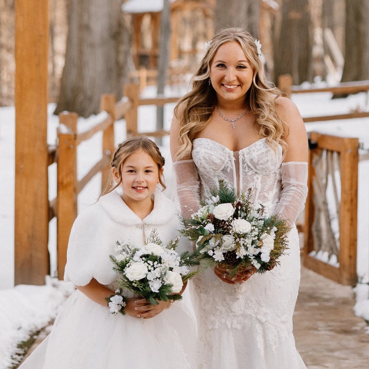 A bride and a young girl in white dresses hold bouquets promoting professional junior bridal makeup.