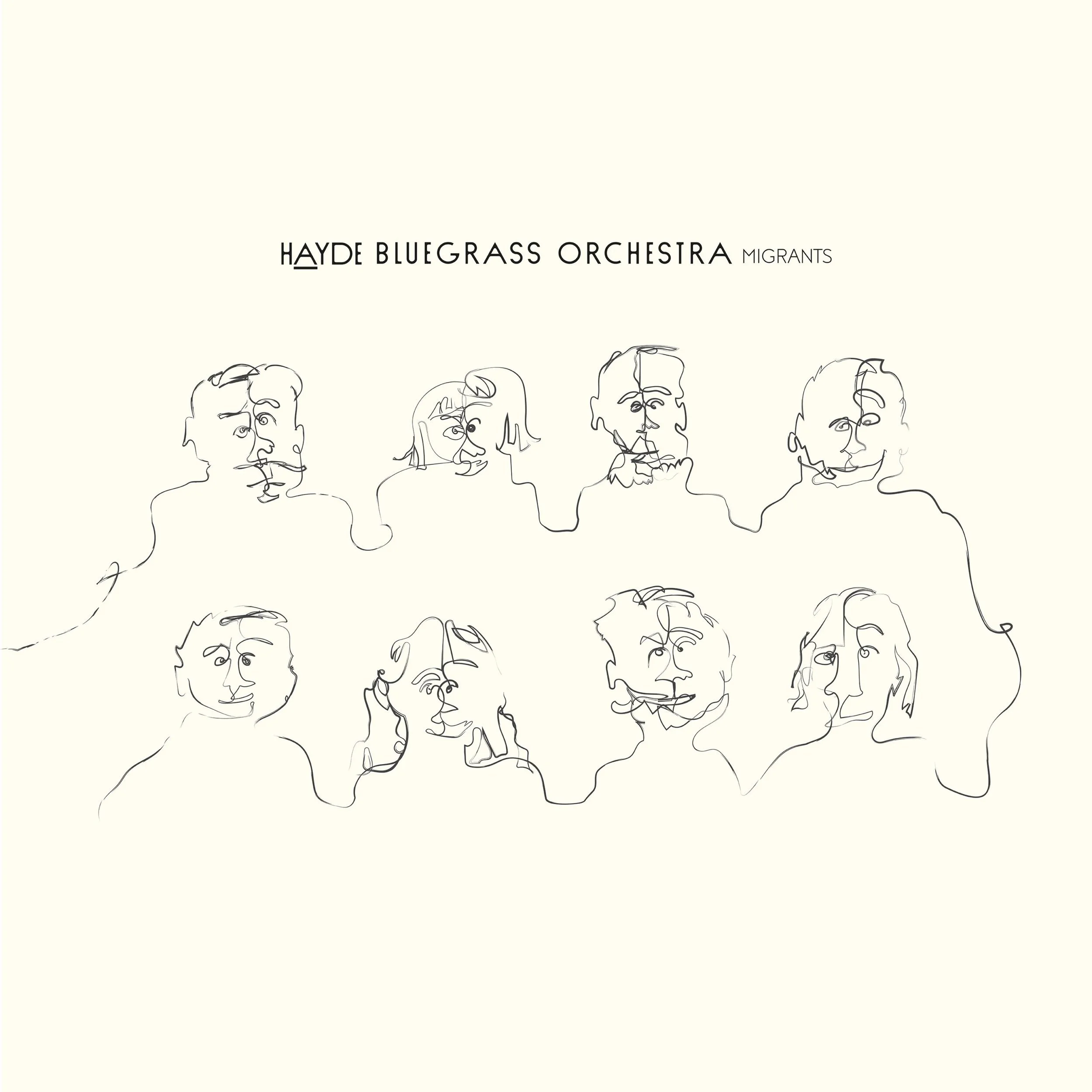 Hayde's first album, Migrants. Line drawing of multiple people's heads and shoulders arranged in a grid pattern on a light background.