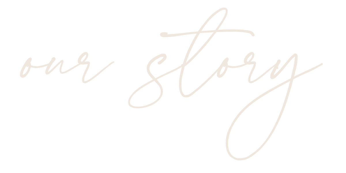 Text that says 'our story' in a cursive font with beige color on a black background