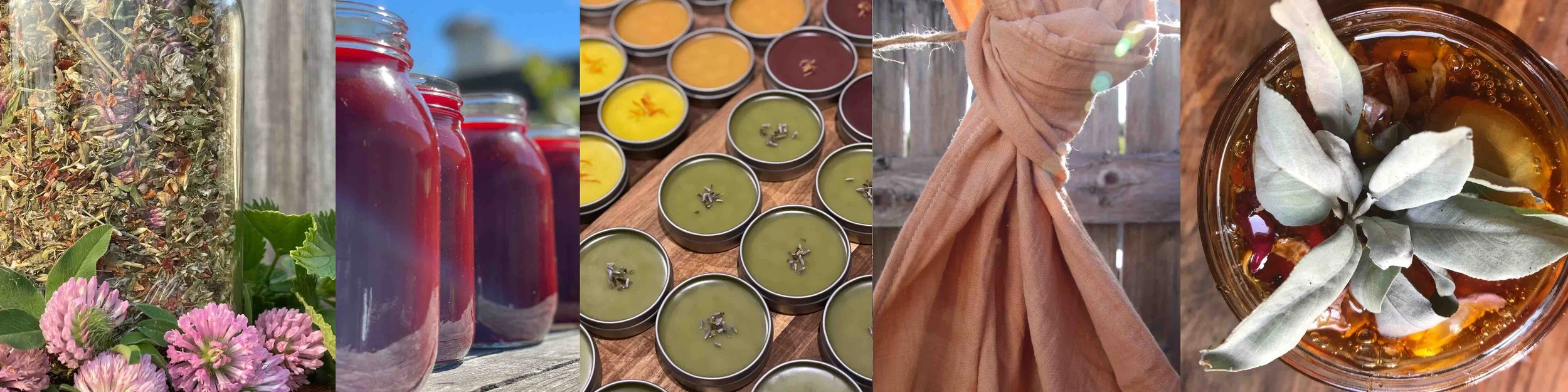 Various homemade herbal products, including dried herbs, herbal tinctures in glass bottles, herbal balms or salves in small tins, wrapped cloth for tea or herbal infusions, and a jar of herbal honey with sage leaves.