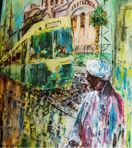 A colorful, impressionistic painting of a person wearing a blue hat and pink jacket playing a keyboard or piano under yellow and green trees or structures.