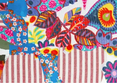 Colorful mixed media textile composition with floral and striped patterns