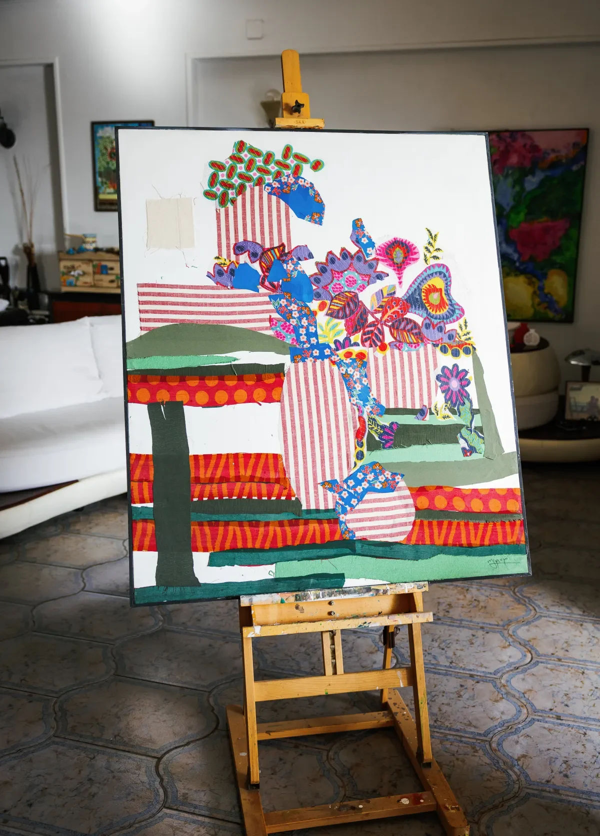  Pattern Memory   Upcycled Textile Collage 60 × 80 cm