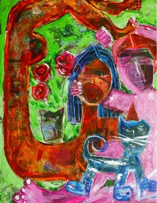 Colorful abstract painting featuring a green vase with red roses, a blue flower, and pink elements.
