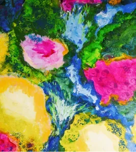 Abstract floral painting in pink, yellow and green tones by Romã Studio